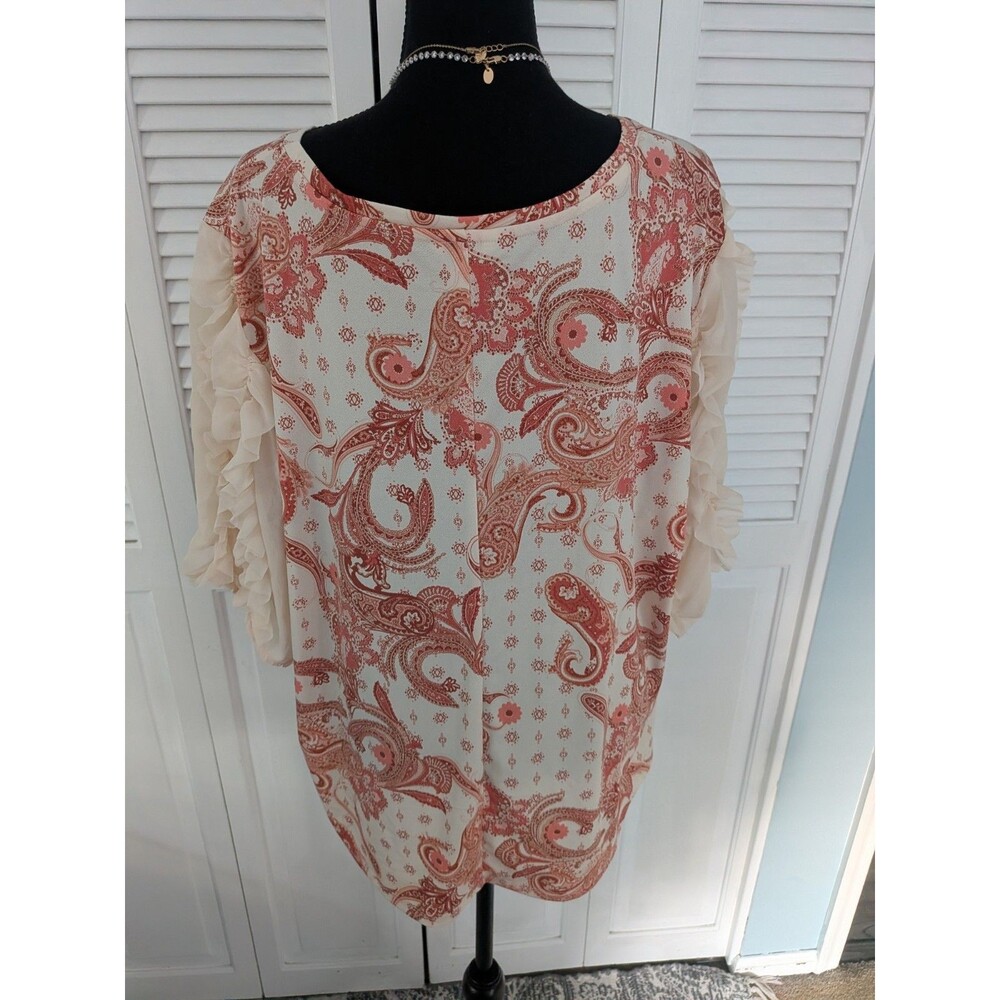 Cato Blouse Womens 22/24W Cream Paisley Floral Ruffle Sleeves Boho Peasant Top - Picture 7 of 11